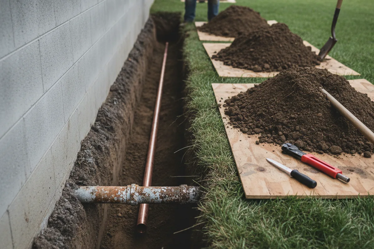 Excavated water line trench during Sewer Line Repair in Glassport